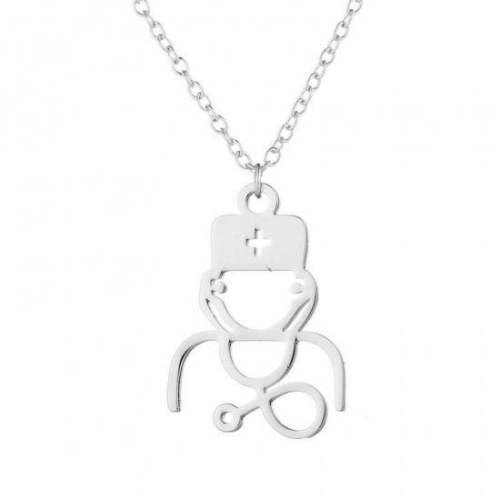 Immagine di 201 Acciaio Inossidabile Elegante Cavo Catena Collana Tono Argento Stetoscopio 45cm Lunghezza, 1 Pz