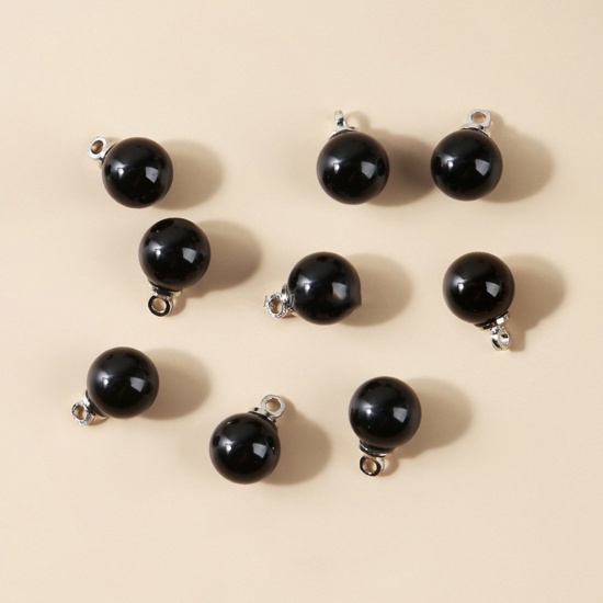 Bild von Schwarz Onyx Achat ( Natur ) Charms Rund Silberfarbe Schwarz 12mm D., 10 Stück