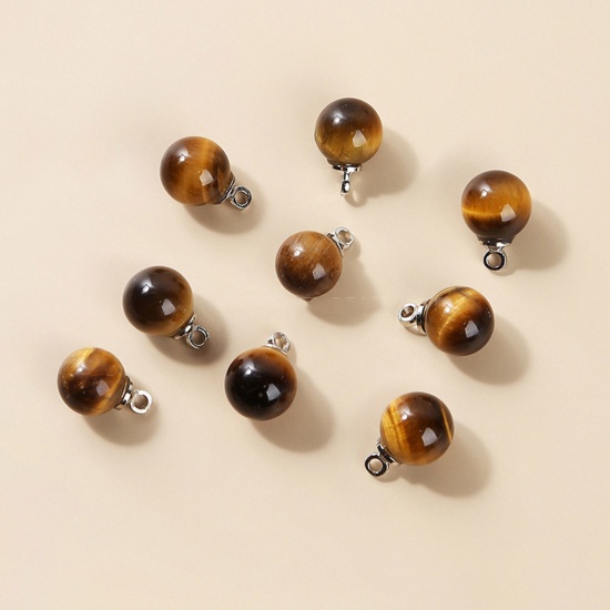 Bild von Tigerauge ( Natur ) Charms Rund Silberfarbe Braun Gelb 6mm D., 10 Stück