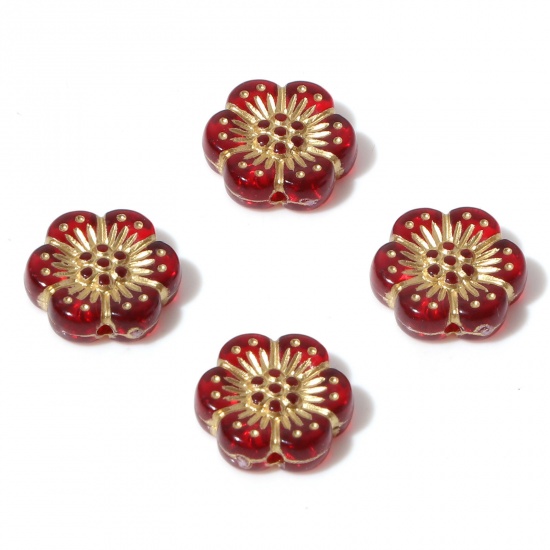 Bild von Acryl Flora Kollektion Perlen Rotweinfarben Blumen ca. 13mm x 12mm, Loch:ca. 1.2mm, 10 Stück