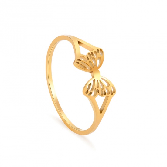 Bild von Titan Edelstahl Insekt Uneinstellbar Ring Vergoldet Rund Schmetterling Hohl 19.8mm（US Größe:10), 0.9mm, 1 Stück