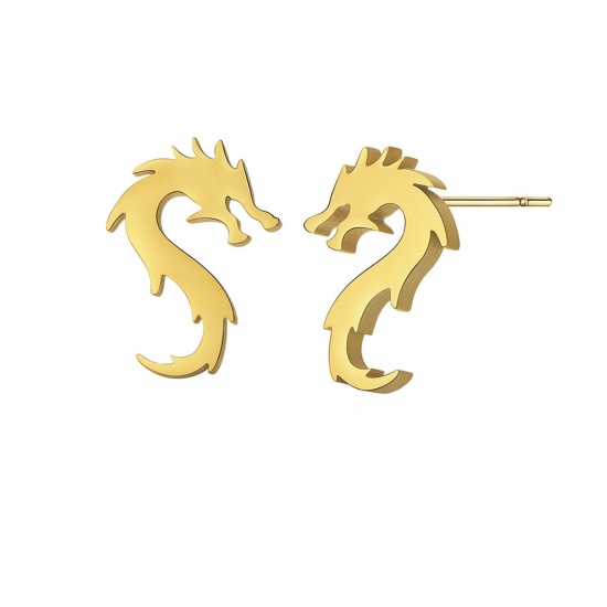 Bild von Titan Edelstahl Stilvoll Ohrring Ohrstecker Vergoldet S-Form Drache 11.7mm x 8.1mm, Drahtstärke: (20 gauge), 1 Paar