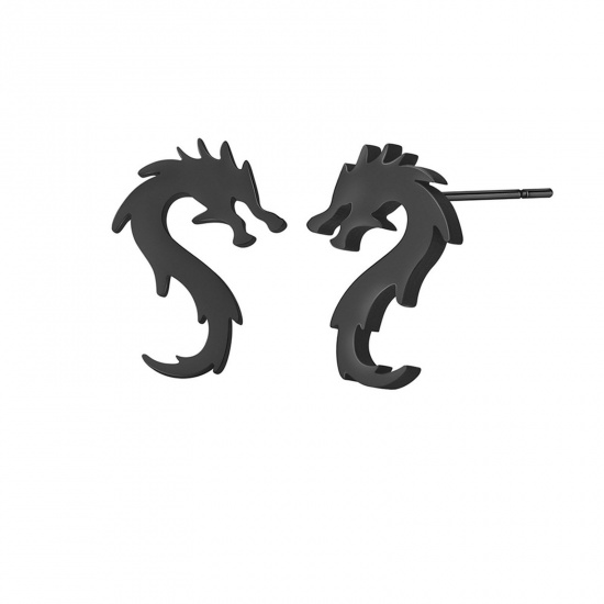 Bild von Titan Edelstahl Stilvoll Ohrring Ohrstecker Schwarz S-Form Drache 11.7mm x 8.1mm, Drahtstärke: (20 gauge), 1 Paar