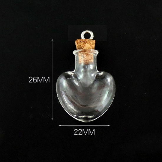 Bild von Wood & Glass Mini Message Wish Bottle Bubble Vial For Earring Ring Necklace Heart Transparent Clear 26mm x 22mm, 10 PCs