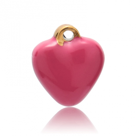 Bild von 304 Edelstahl Valentinstag Charms Vergoldet Fuchsie Herz Emaille 13mm x 11mm, 2 Stück