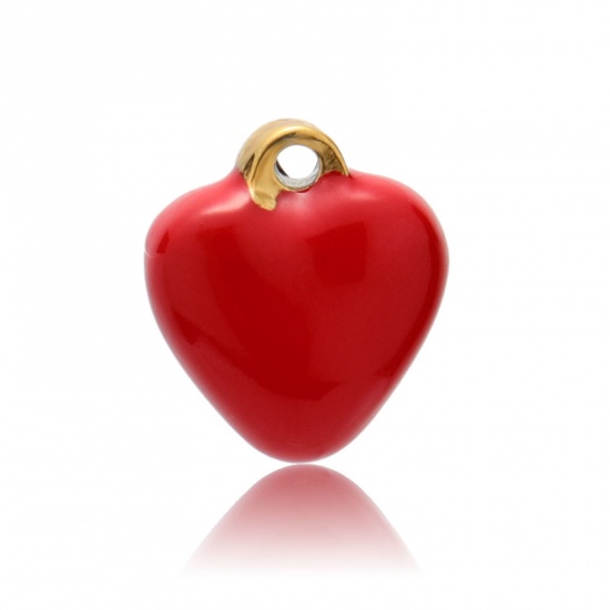 Bild von 304 Edelstahl Valentinstag Charms Vergoldet Rot Herz Emaille 13mm x 11mm, 2 Stück