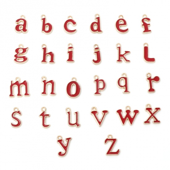 Immagine di Lega di Zinco Charms Oro Placcato Rosso Lettere Minuscole Lettere " A-Z " Smalto 15x13mm - 13x5mm , 1 Serie ( 26 Pz/Serie)