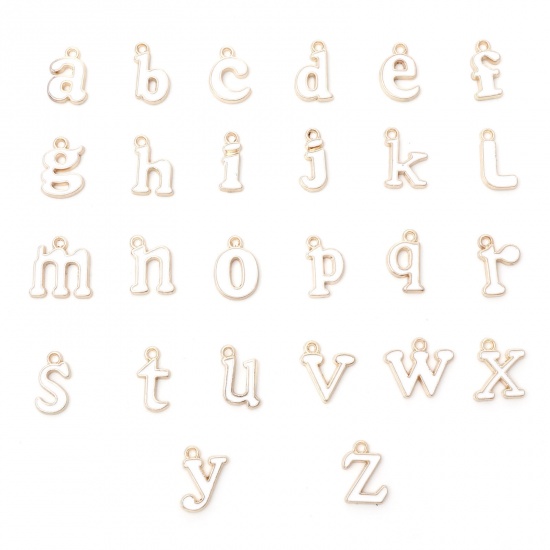 Immagine di Lega di Zinco Charms Oro Placcato Bianco Lettere Minuscole Lettere " A-Z " Smalto 15x13mm - 13x5mm , 1 Serie ( 26 Pz/Serie)