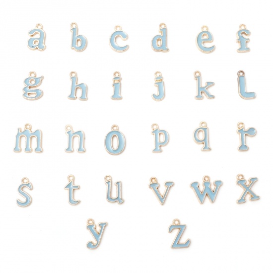 Immagine di Lega di Zinco Charms Oro Placcato Blu Lettere Minuscole Lettere " A-Z " Smalto 15x13mm - 13x5mm , 1 Serie
