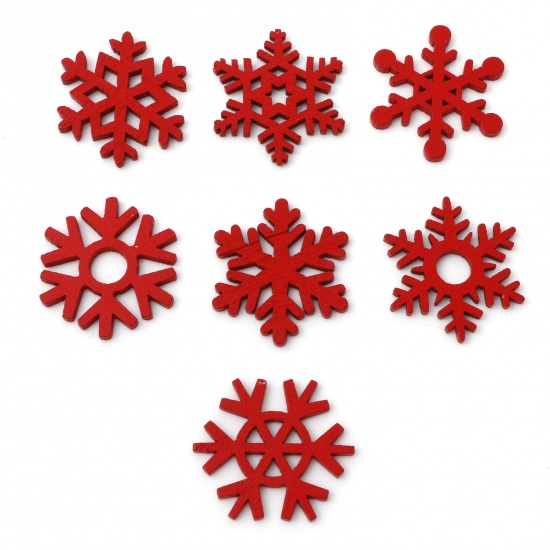 Bild von Holz Embellishments Cabochons Scrapbooking Weihnachten Schneeflocke Rot 3.5cm x 3cm , 50 Stück
