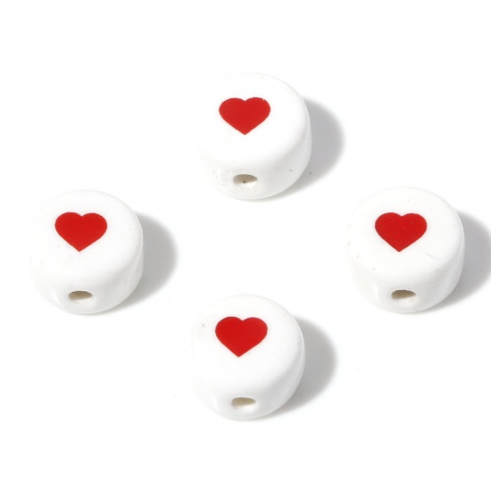 Bild von Keramik Valentinstag Perlen Flachrund Weiß Herz ca. 10.5mm D., Loch:ca. 1.8mm, 5 Stück