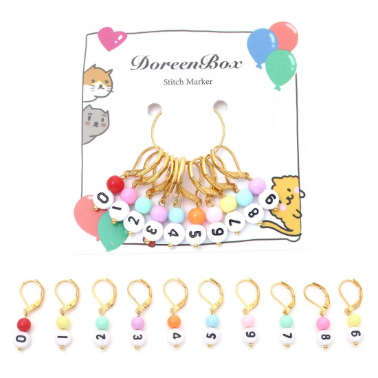 Picture of Copper & Acrylic Knitting Stitch Markers Number 0-9 Gold Plated At Random Color 3.1cm x 1.1cm, 1 Set ( 10 PCs/Set)