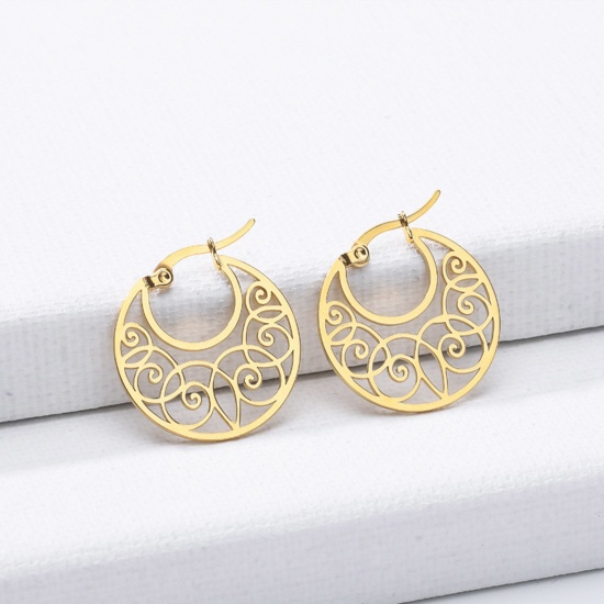 Picture of 304 Stainless Steel Stylish Hoop Earrings Gold Plated Round Filigree 2cm Dia., 1 Pair