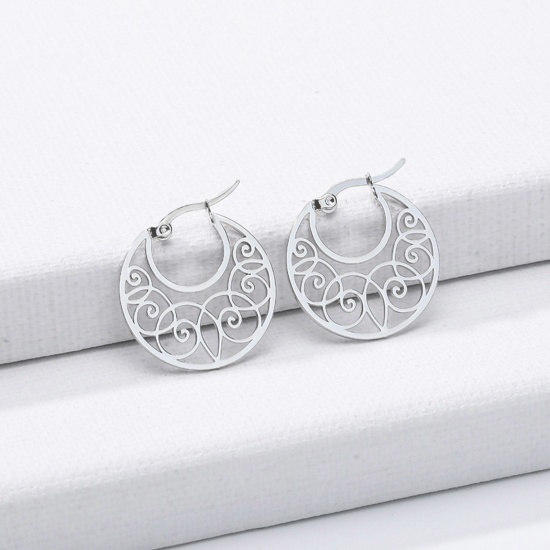 Picture of 304 Stainless Steel Stylish Hoop Earrings Silver Tone Round Filigree 2cm Dia., 1 Pair