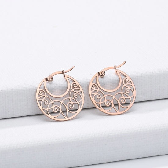 Picture of 304 Stainless Steel Stylish Hoop Earrings Rose Gold Round Filigree 2cm Dia., 1 Pair