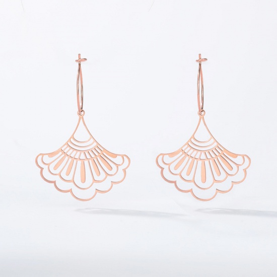 Picture of 304 Stainless Steel Stylish Hoop Earrings Rose Gold Fan-shaped Filigree 2cm Dia., 1 Pair