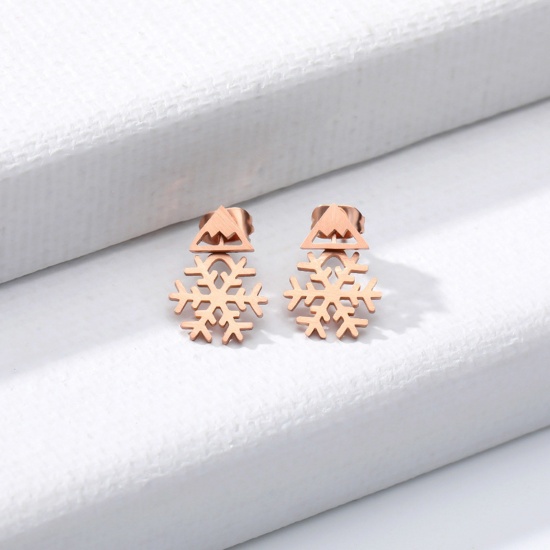 Picture of 304 Stainless Steel Stylish Ear Post Stud Earrings Rose Gold Christmas Snowflake Hollow 2cm Dia., 1 Pair