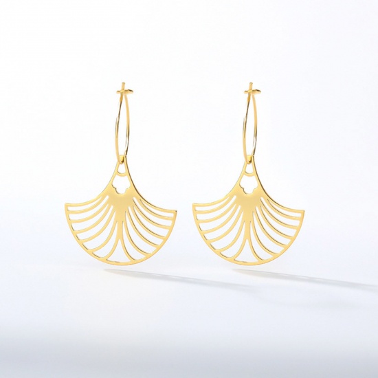 Picture of 304 Stainless Steel Stylish Hoop Earrings Gold Plated Fan-shaped Filigree 2cm Dia., 1 Pair