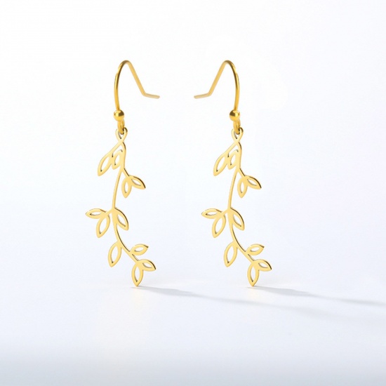 Picture of 304 Stainless Steel Stylish Ear Wire Hook Earrings Gold Plated Leaf 2cm Dia., 1 Pair