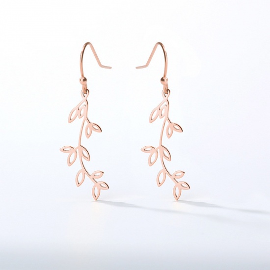 Picture of 304 Stainless Steel Stylish Ear Wire Hook Earrings Rose Gold Leaf 2cm Dia., 1 Pair