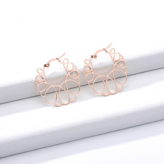 Picture of 304 Stainless Steel Stylish Hoop Earrings Rose Gold Round Filigree 2cm Dia., 1 Pair