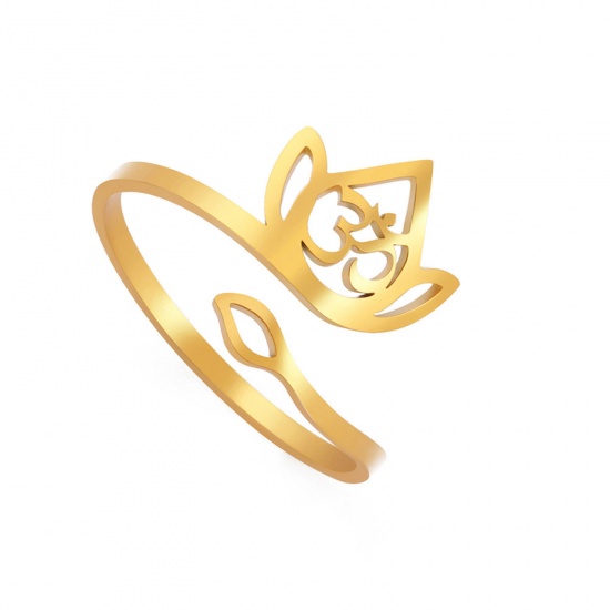 Bild von 304 Edelstahl Religiös Offen Verstellbar Ring Vergoldet OM Symbol Lotosblume Hohl 17.3mm（US Größe:7), 1 Stück