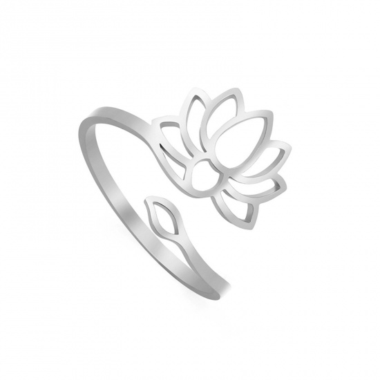 Bild von 304 Edelstahl Religiös Offen Verstellbar Ring Silberfarbe Lotosblume Hohl 17.3mm（US Größe:7), 1 Stück