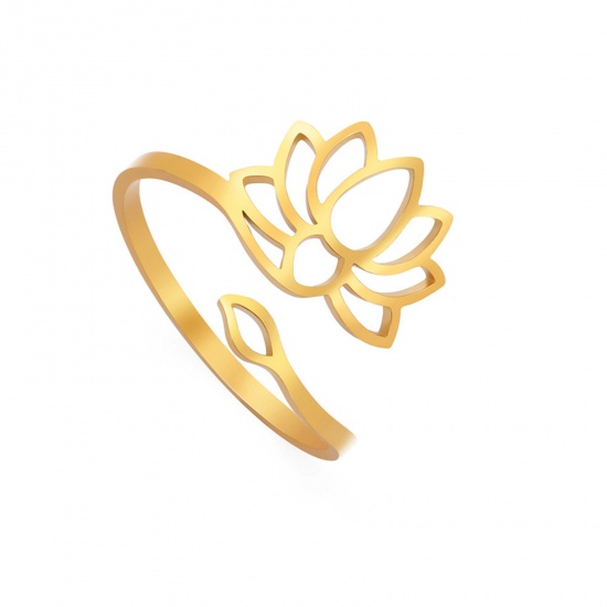 Bild von 304 Edelstahl Religiös Offen Verstellbar Ring Vergoldet Lotosblume Hohl 17.3mm（US Größe:7), 1 Stück
