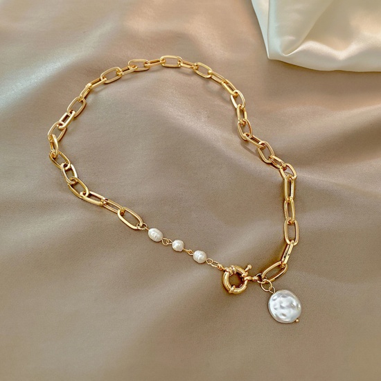 Imagen de 304 Acero Inoxidable Elegante Collares Chapado en Oro Baroque Imitación de perla 50cm longitud, 1 Unidad