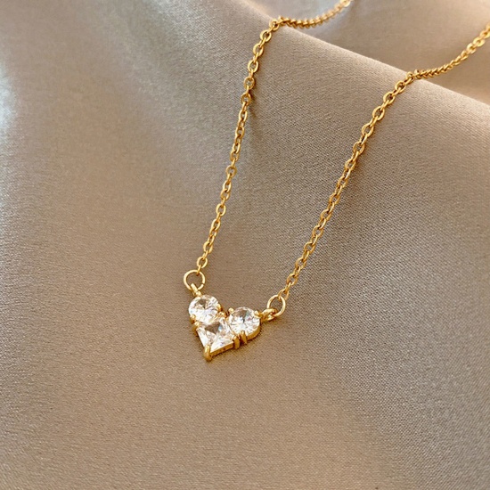 Imagen de 304 Acero Inoxidable Elegante Collares Chapado en Oro Corazón Transparente Rhinestone 40cm longitud, 1 Unidad
