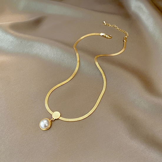 Immagine di 304 Acciaio Inossidabile Elegante Catena di Serpente Collana Oro Placcato Tondo Imitata Perla 35.5cm Lunghezza, 1 Pz