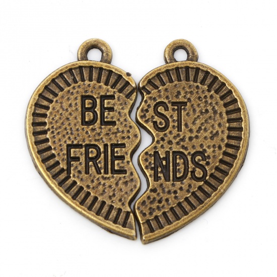 Picture of Zinc Based Alloy Best Friends Pendants Antique Bronze Broken Heart Message " BEST FRIENDS " 25mm x 14mm, 10 Pairs