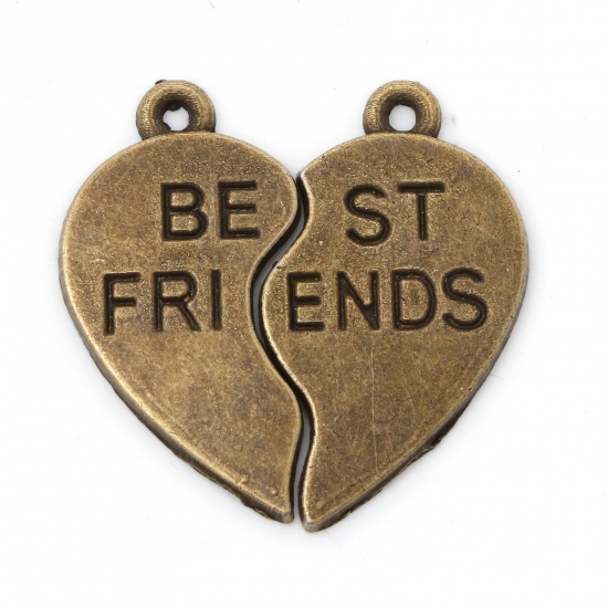 Picture of Zinc Based Alloy Best Friends Pendants Antique Bronze Broken Heart Message " BEST FRIENDS " 23mm x 13mm, 10 Pairs