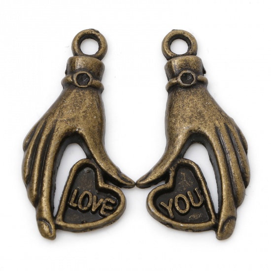 Picture of Zinc Based Alloy Best Friends Pendants Antique Bronze Hand Heart Message " Love You " 3.1cm x 1.6cm, 10 Pairs