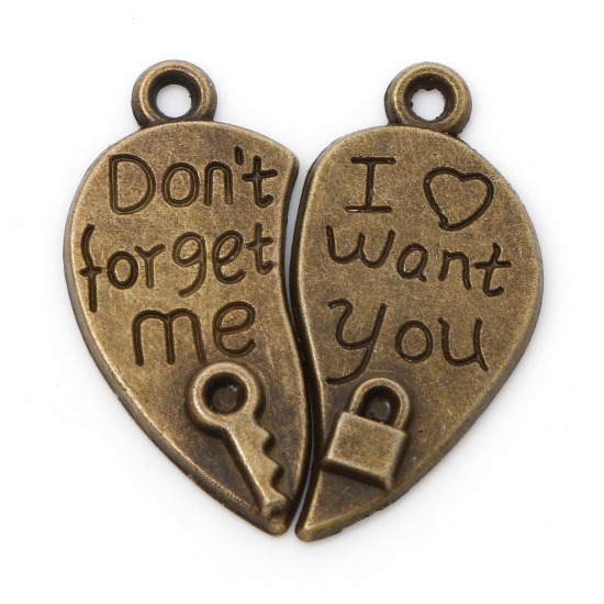 Picture of Zinc Based Alloy Best Friends Pendants Antique Bronze Broken Heart Message " Don't forget me I want you " 26mm x 13mm, 10 Pairs