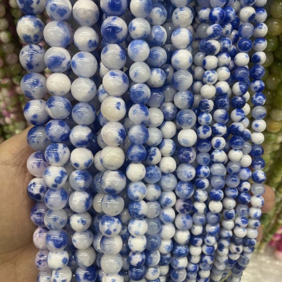 Bild von Stein ( Natur ) Perlen Rund Weiß & Blau ca. 6mm D., 1 Strang (ca. 63 Stück/Strang)