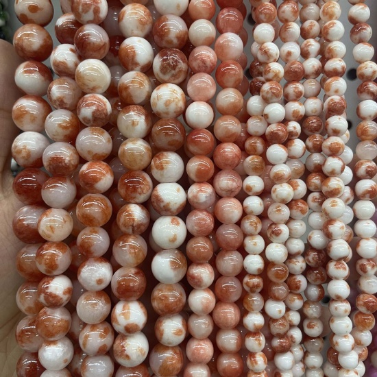 Bild von Stein ( Natur ) Perlen Rund Weiß & Orange ca. 6mm D., 1 Strang (ca. 63 Stück/Strang)