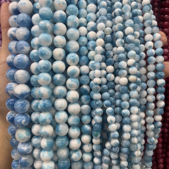 Bild von Stein ( Natur ) Perlen Rund Weiß & Blau ca. 10mm D., 1 Strang (ca. 37 Stück/Strang)