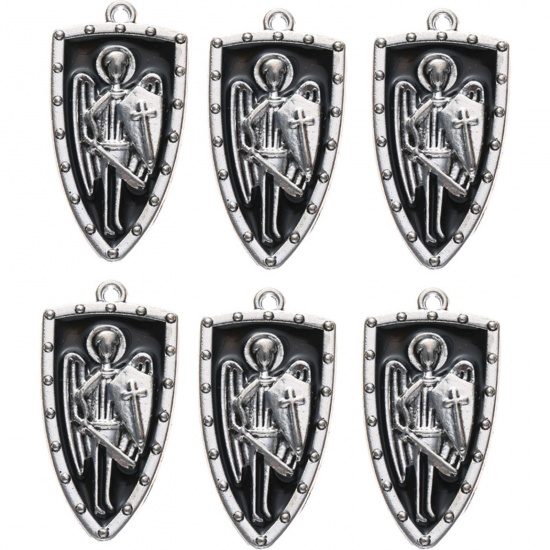 Immagine di Lega di Zinco Ciondoli Scudo Tono Argento Nero Extraterrestre Smalto 3.2cm x 1.7cm , 10 Pz
