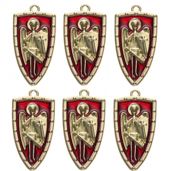 Immagine di Lega di Zinco Ciondoli Scudo Oro Placcato Rosso Extraterrestre Smalto 3.2cm x 1.7cm , 10 Pz