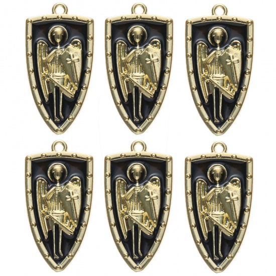 Immagine di Lega di Zinco Ciondoli Scudo Oro Placcato Nero Extraterrestre Smalto 3.2cm x 1.7cm , 10 Pz