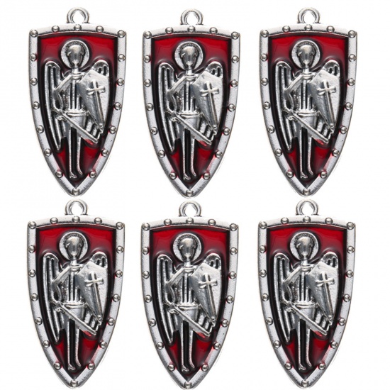 Immagine di Lega di Zinco Ciondoli Scudo Tono Argento Rosso Extraterrestre Smalto 3.2cm x 1.7cm , 10 Pz