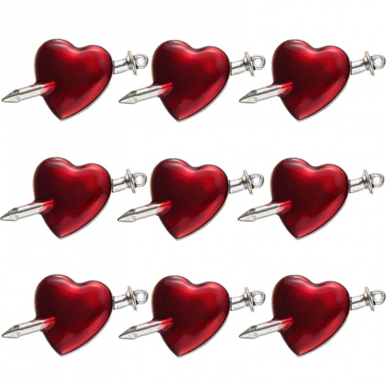 Immagine di Lega di Zinco San Valentino Ciondoli Una Freccia Attraverso il Cuore Tono Argento Rosso Smalto 3.8cm x 2cm , 10 Pz