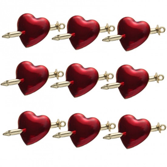 Immagine di Lega di Zinco San Valentino Ciondoli Una Freccia Attraverso il Cuore Oro Placcato Rosso Smalto 3.8cm x 2cm , 10 Pz