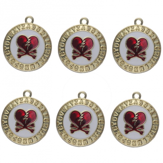 Immagine di Lega di Zinco San Valentino Charms Tondo Oro Placcato Rosso Cuore Smalto 23mm x 20mm , 10 Pz