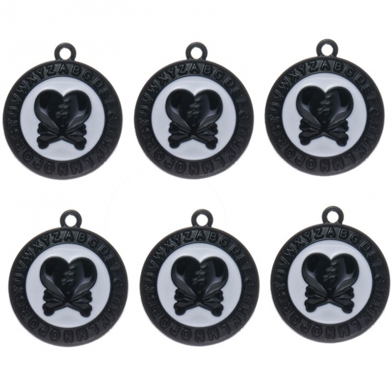 Immagine di Lega di Zinco San Valentino Charms Tondo Nero Cuore Smalto 23mm x 20mm , 10 Pz