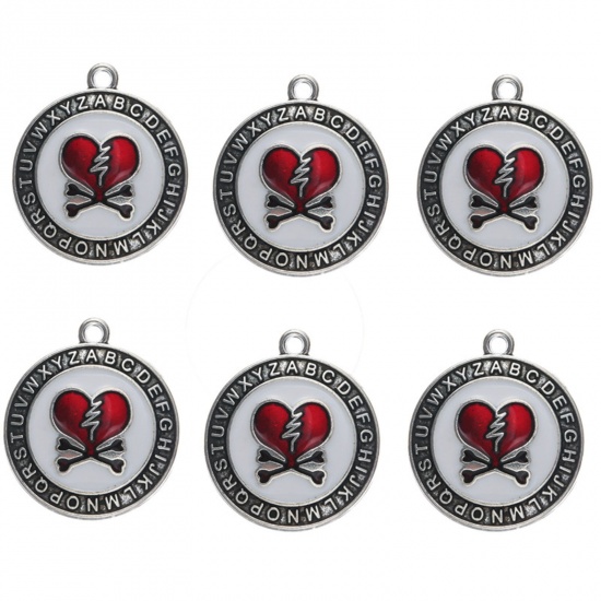 Immagine di Lega di Zinco San Valentino Charms Tondo Tono Argento Rosso Cuore Smalto 23mm x 20mm , 10 Pz