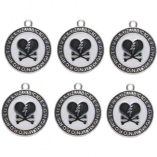 Immagine di Lega di Zinco San Valentino Charms Tondo Tono Argento Nero Cuore Smalto 23mm x 20mm , 10 Pz