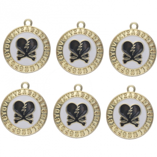Immagine di Lega di Zinco San Valentino Charms Tondo Oro Placcato Nero Cuore Smalto 23mm x 20mm , 10 Pz