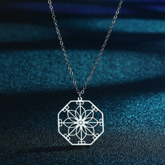 Bild von 304 Edelstahl Yoga Heilung Gliederkette Kette Halskette Silberfarbe Polygon Blumen 45cm lang, 1 Strang